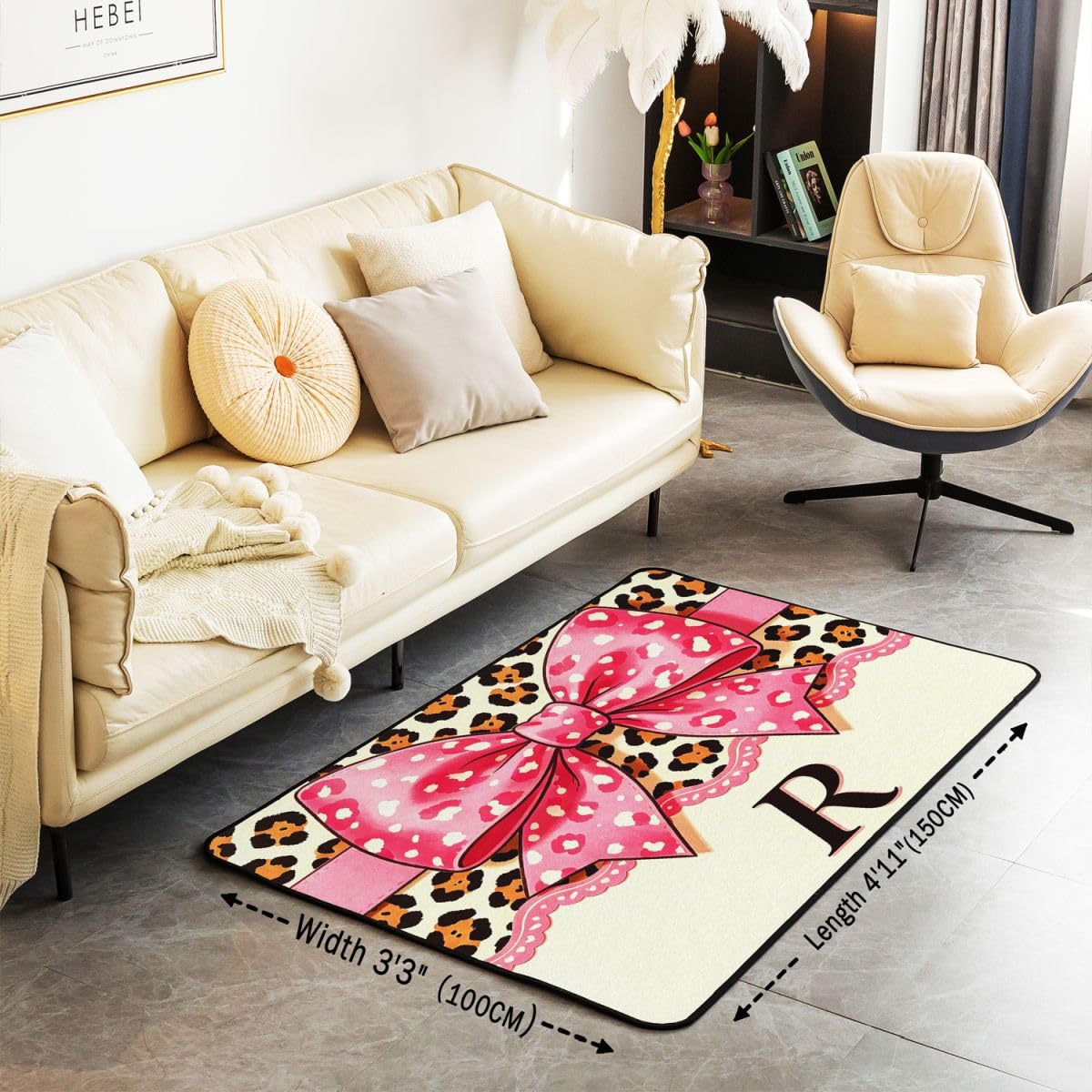 Loussiesd Tapis de Salon 100x150cm Rose Léopard Noeud Papillon Tapis Chambre Luxe Style Moderne,Doux,Lavable Lettre Letter R Idéal pour Salon et Chambre Antidérapant