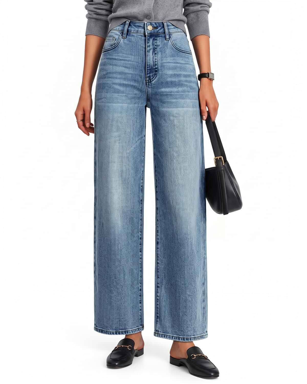 High Waisted Straight Leg Jeans for Women Cuffed hem/full length stretch denim w/straight leg fit for daily, work and travel outfits