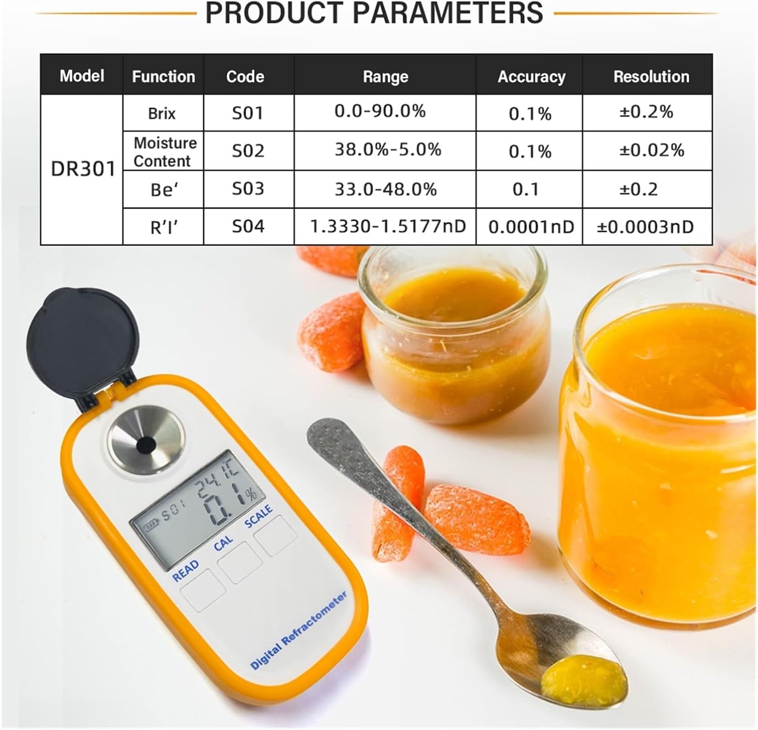 Digitales Refraktometer 3-in-1 für Honig, Ahornsirup und Melasse – misst Brix, Feuchtigkeit und Baume, 0-90% Brix, 5,0%-38,0% Feuchtigkeit, 33,0-48,0 Baume