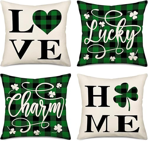 Fukeen Juego de 4 fundas de cojín con diseño de trébol del Día de San Patricio, diseño de trébol de la suerte, diseño de búfalo verde y negro, con