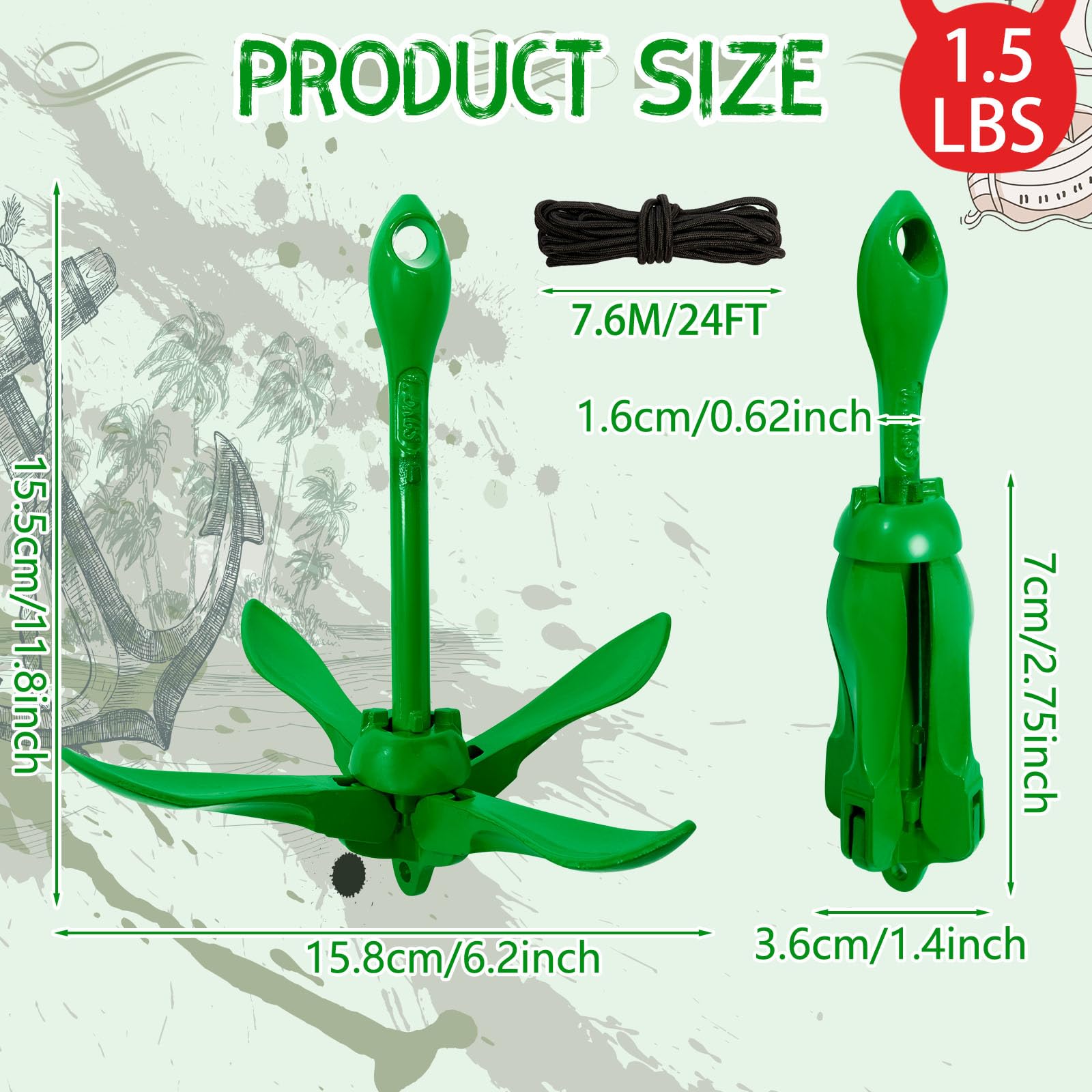 Lounsweer 2 Pack Marine Kayak Anchor Kit Grapnel Anchor Kit Folding Grapnel Anchor Boat Anchor with Foldable Claw Kayak Fishing Accessories for Small Boats Kayak Canoes Paddle, 1.5lbs(Dark Green)
