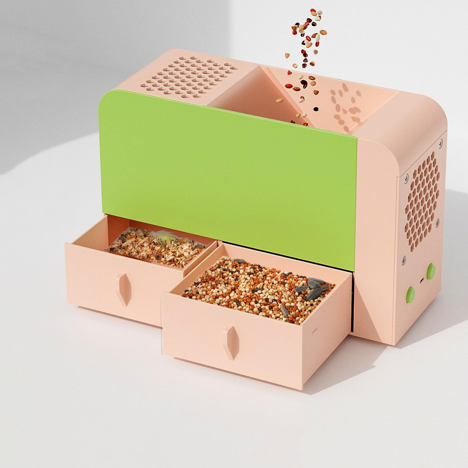 Automatischer Vogelfutter-Huller, Doppelschubladen-Design, 5 Windgeschwindigkeitseinstellung, Ventilator für effiziente Getreideverarbeitung, ideal für Hirse und verschiedene Körner