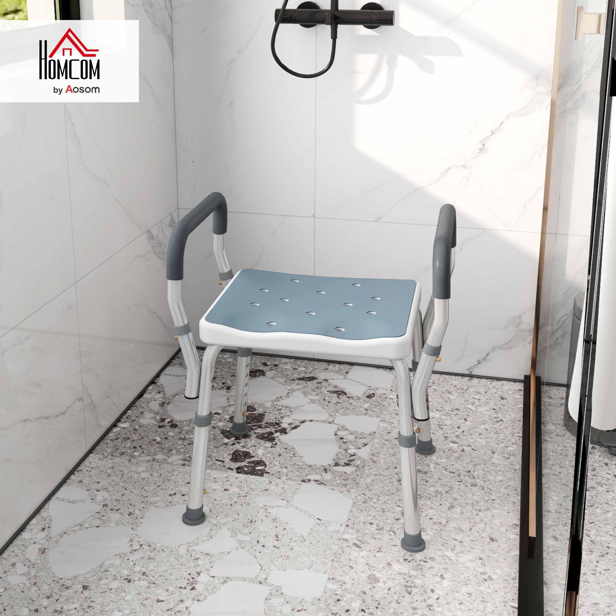 HOMCOM Sgabello Doccia in Alluminio, Sgabello Bagno ad Altezza Regolabile 57-69 cm con Braccioli, Sedia per Doccia Anziani 150 kg, Sedile per Vasca da Bagno con Piedini Antiscivolo, Blu
