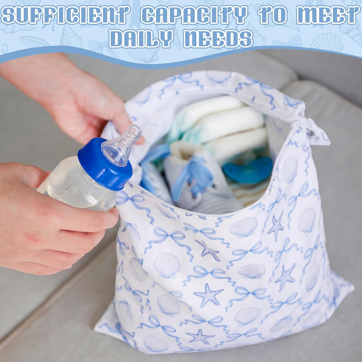 Sanwuta 2 Pack Wet Bags Resuable Waterproof Wet Dry Bag for Swimsuit Travel Beach Pool Bathing Diapers Dirty Yoga Gym Clothes Toiletries with Zippered Pockets(Sea Shells,Blue and White)