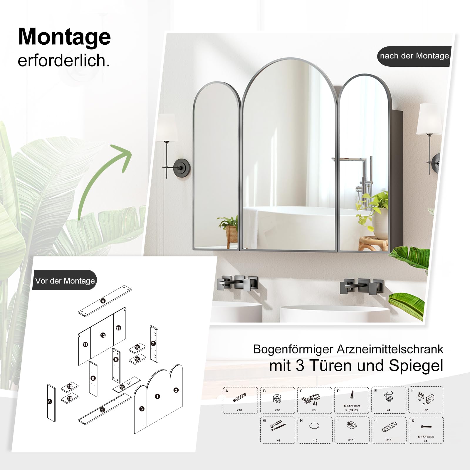 KEEPREAPER Spiegelschrank Bogen, Badezimmerschrank mit 2 Spiegel Arched, Badschrank hängend mit 3 Ablagen und 2 Tür für Badezimmer modern,61x12x70cm (schwarz mit 3 Türe)