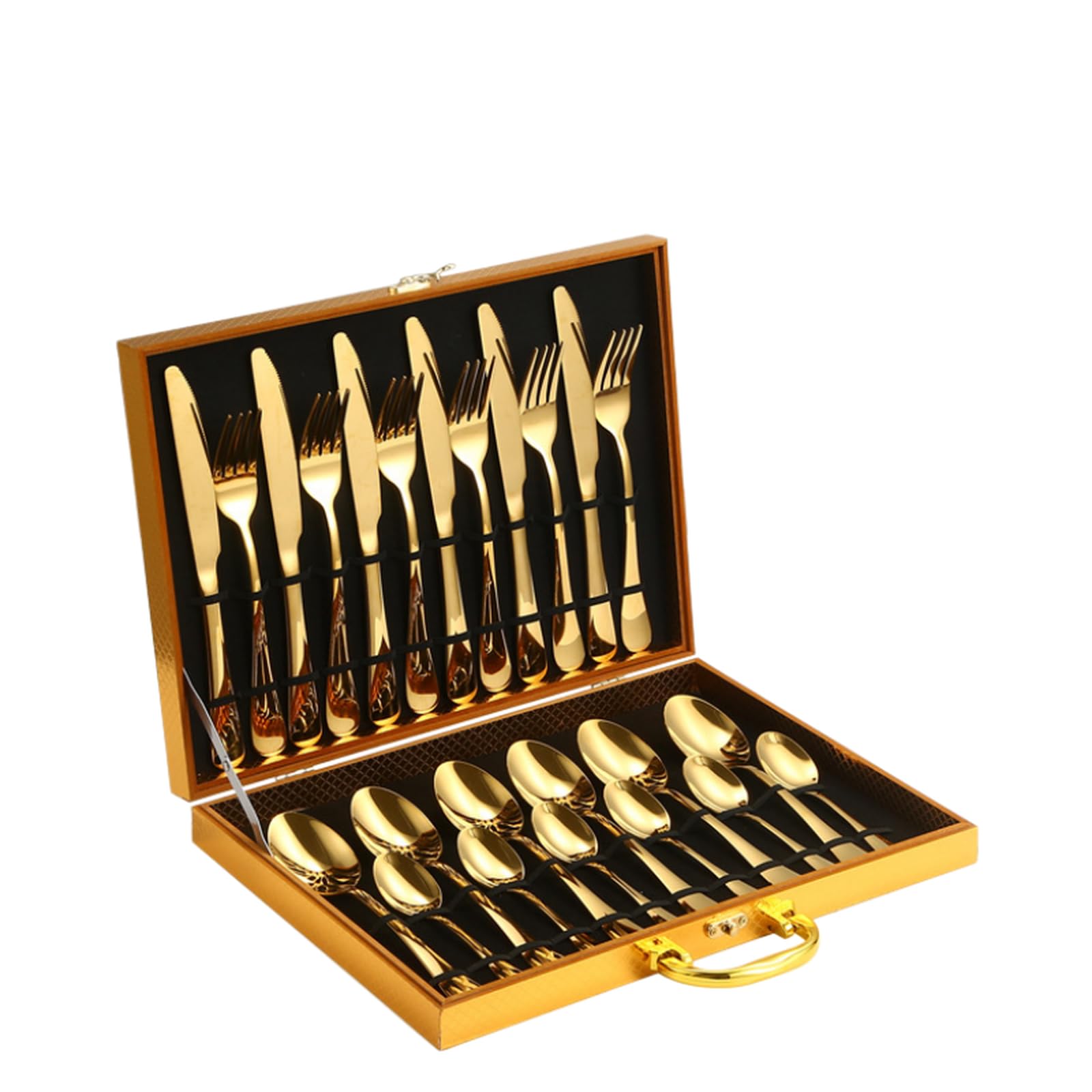 Juego de cubiertos de lujo de acero inoxidable con elegante caja de regalo de madera, juego de cubiertos de 24/48 piezas, juego de cuchillo, tenedor y cuchara pulidos a espejo para hoteles y hogares.