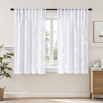 HOMEIDEAS White Sheer Curtains 63 Inches Long, Birds on Branch Pattern Light Filtering Window Drapes Semi Sheer Curtains for Bedroom Living Room Dining Room, 2 Panels