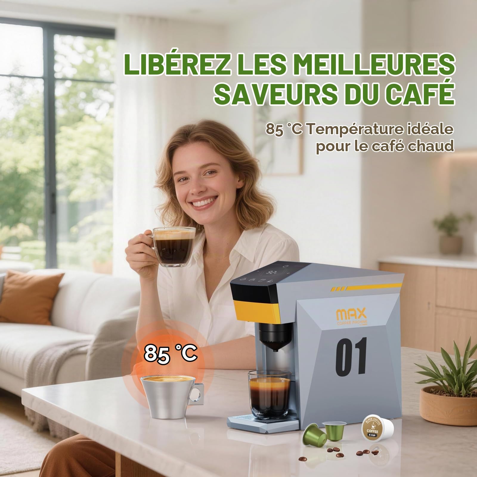 Cafetière 4 en 1, machine à café espresso 19 bars pour capsules KCup/Nespresso OriginalLine/Dolce Gusto/Café moulu, gris nuageux