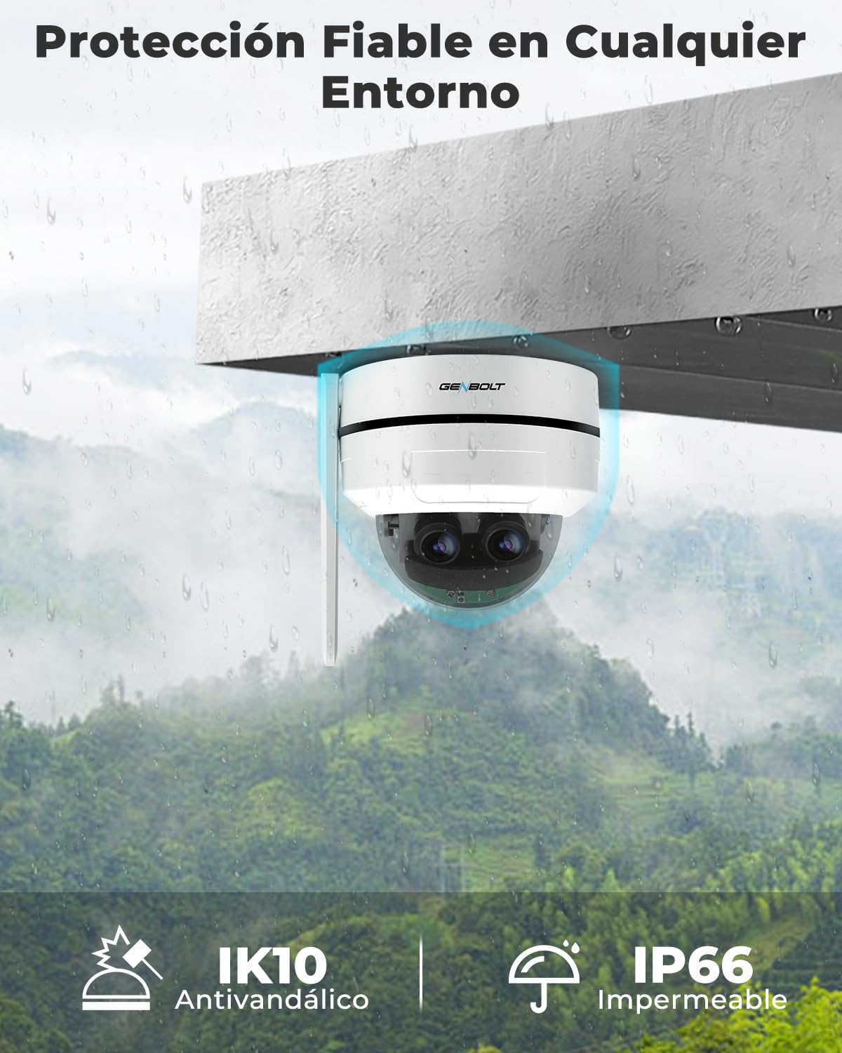 GENBOLT [Zoom Híbrido 10X] 2.5K PTZ Cámara Vigilancia WiFi Interiores y Exterior,360° Doble Lente Domicilio Cámara IP CCTV con Automático Detección, IK10 Antivandalismo IP66 Impermeable (DC&PoE)