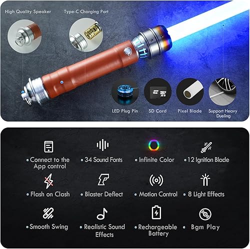Miniatura 34 de DAMIENSABER Sable de luz de duelo con control de movimiento suave RGB3.0, 16 fuentes de sonido, sable de luz Luke con 16 RGB sólido e infinito