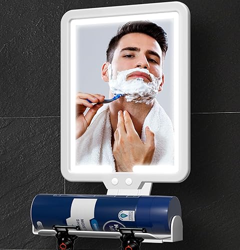 Espejo de ducha iluminado, sin niebla, para afeitarse, calentado, sin niebla, grande, 9.5 x 8 pulgadas, 3 modos de color, espejo de afeitado de