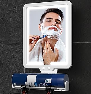 Lighted Shower Mirror Fogless for Shaving, Heated Fog Free Large 9.5*7inch 3 Color Modes Dimming Shower Shaving Mirror with Light, Rechargeable Anti-Fog Shower Mirror with Storage Tray & Razor Holders