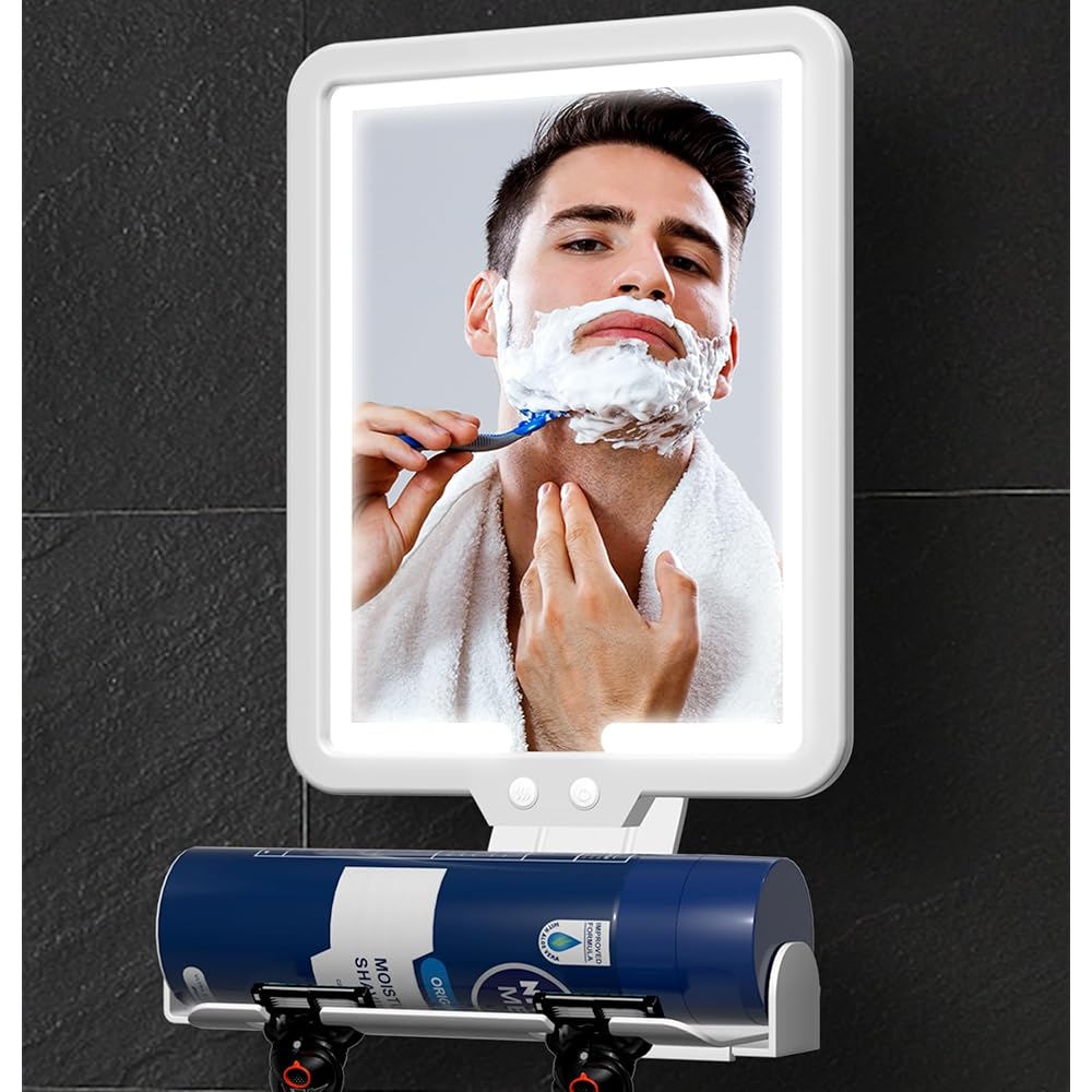 Lighted Shower Mirror Fogless for Shaving, Heated Fog Free Large 9.5*7inch 3 Color Modes Dimming Shower Shaving Mirror with Light, Rechargeable Anti-Fog Shower Mirror with Storage Tray & Razor Holders