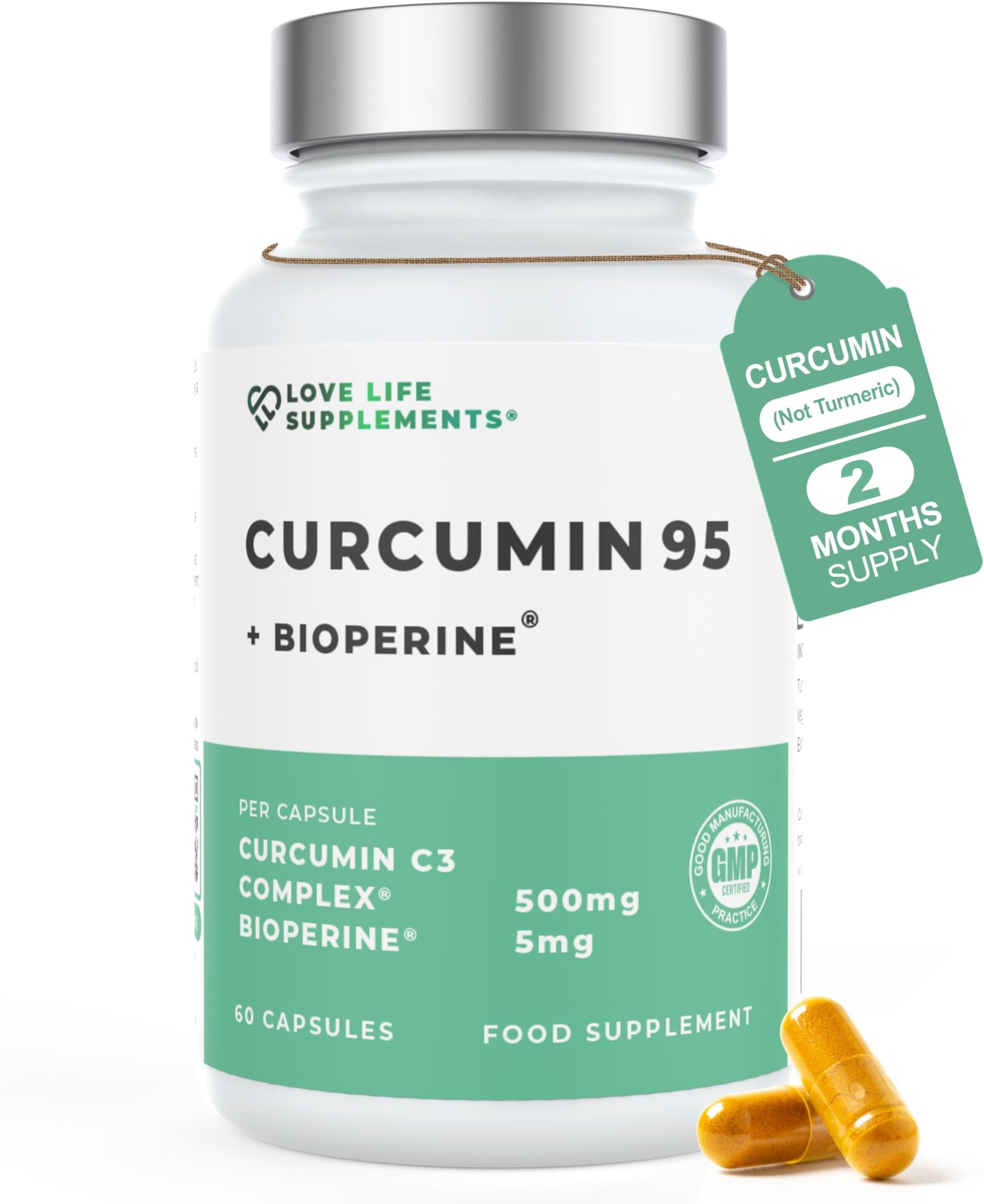 Curcumin 95 + Bioperine® by LLS | High Strength Turmeric Curcumin Capsules containing 96.9% Curcuminoids and Black Pepper Extract | 500mg x 60 Veg Capsules | Made in UK Under GMP/BRC License