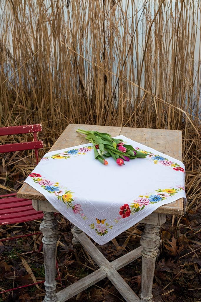 Vervaco Counted Cross Stitch Tablecloth Kit 32"X32"-Colourful Flowers (10.5 Count) -V0183789