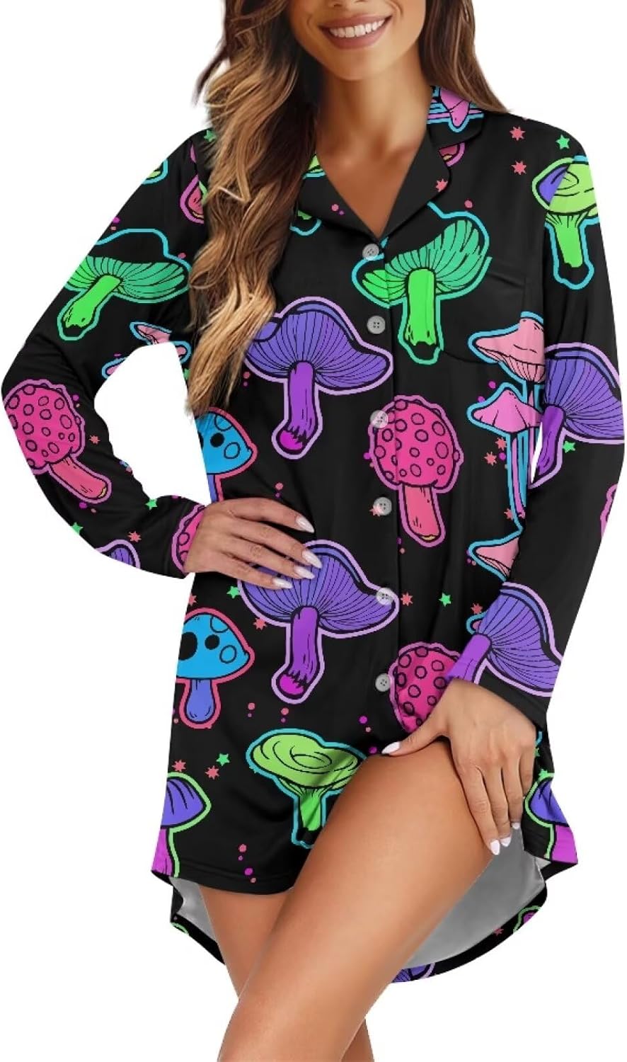 Women's Nightgown Long Sleeve Button Down Pajama Dress Nightshirt V-Neck Sleepwear with Pocket