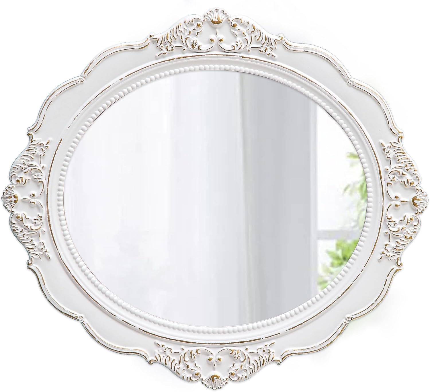Vintage Oval Wall Mirror 21 x 24 inch, Handmade Distressed White Wood Frame Entryway Mirror with Beaded Detailing, Decorative Small Mirrors for Wall Decor Living Room, Horizontal or Vertical