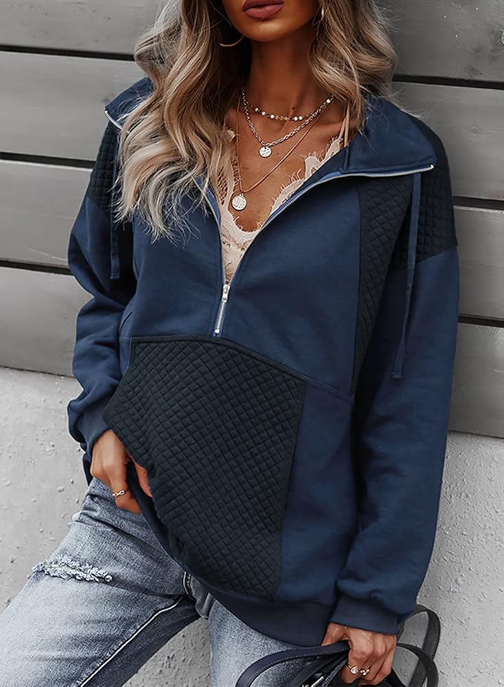 SHEWIN Womens Sweatshirt Casual Long Sleeve Lapel Quilted Half Zip