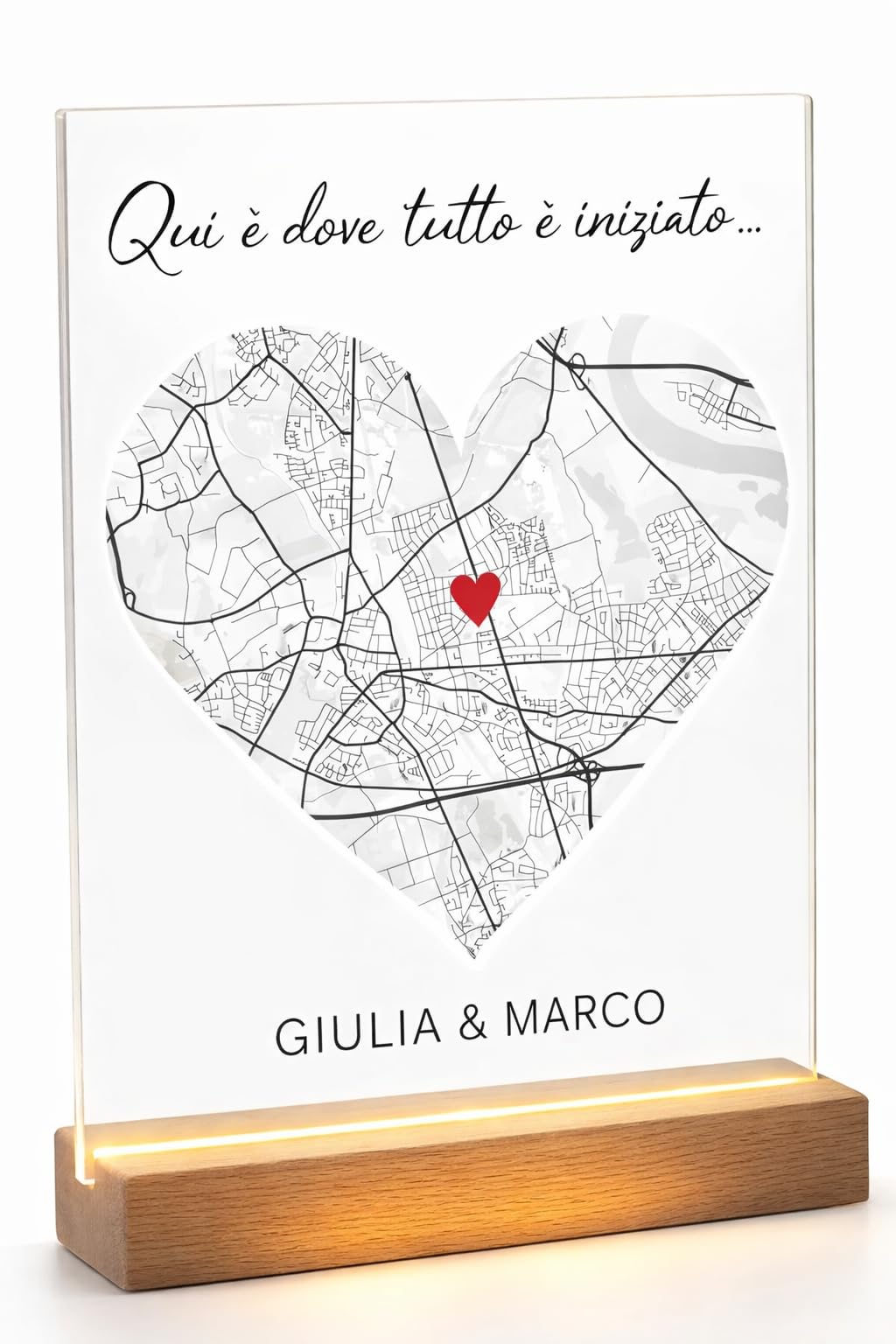 Targa Luminosa Personalizzata 15x20 cm con Mappa del Luogo Primo Incontro Bacio - Lampada Dove Tutto è Iniziato con Base in Legno – Regalo Coppia, Anniversario, Fidanzati, San Valentino