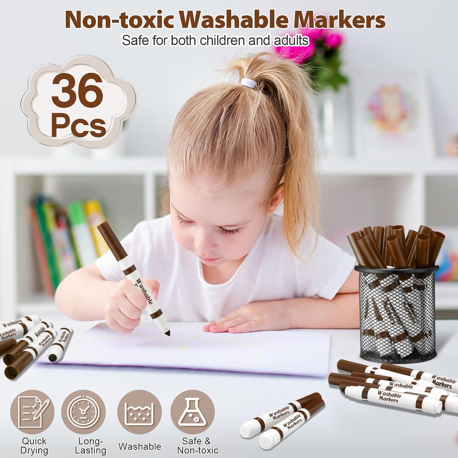 36 Pcs Washable Markers Bulk Broad Line Marker for Kid,Dark Brown image 5