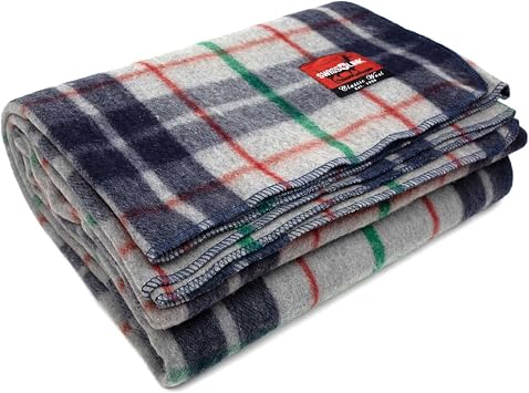 swiss link Military Surplus 90 x 62 Inch Insulating Indoor Outdoor Stain, Flame, and Water Resisting Classic Wool Plaid Washable Blanket, Gray Blue