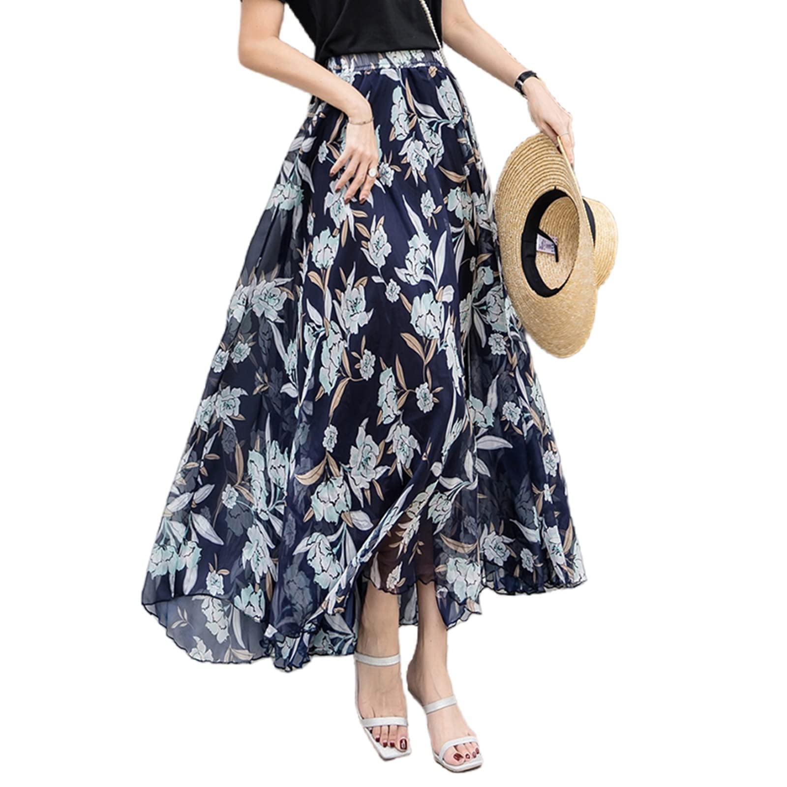 URYYRIT Strandkleid Rock Sommer Großer Schwung Chiffon Blumenrock Frauen Bohemian Strand Langer Rock-M,W