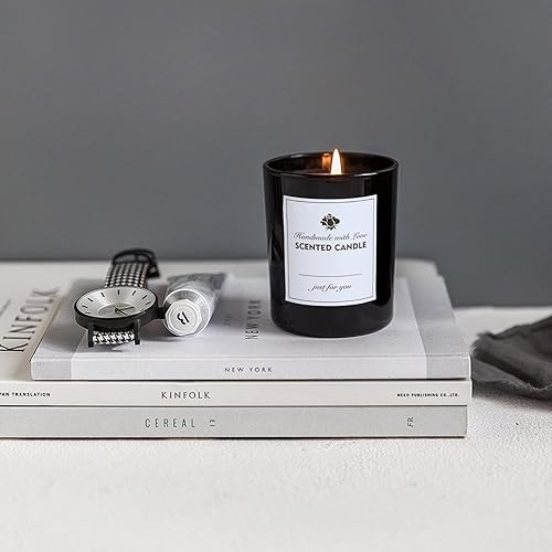 Miniatura 7 de CONNOO Paquete de 12 tarros de vela de vidrio negro mate de 10 onzas para hacer velas con tapas herméticas de bambú, bonitas etiquetas de