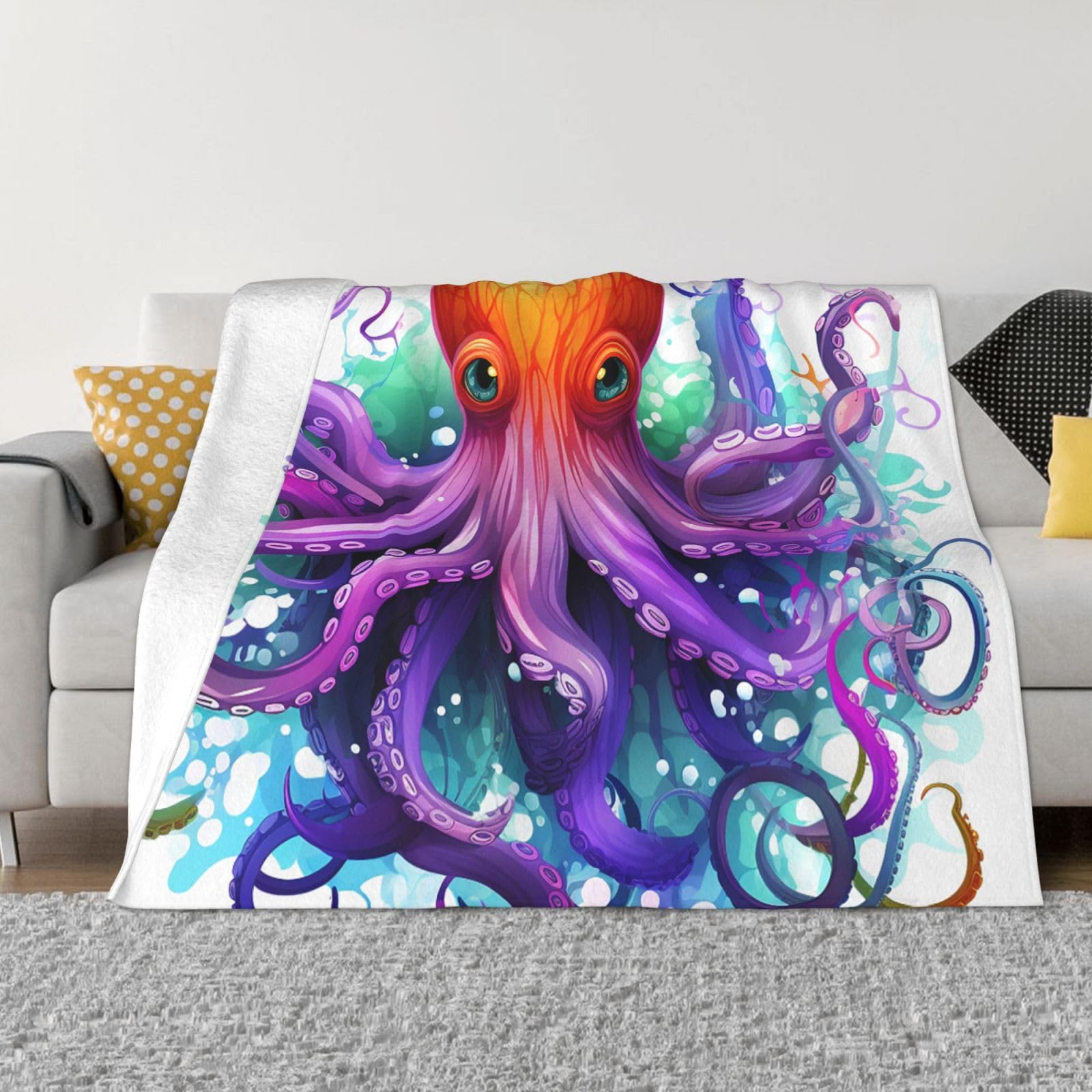 Fodpand Black Colorful Octopus Flannel Blanket 50"X40" - Ultra-Soft Lightweight Throw Blanket For Bed, Sofa, And Couch - Luxury Air Conditioning Blankets - Cozy Warm Blankets For All Seasons