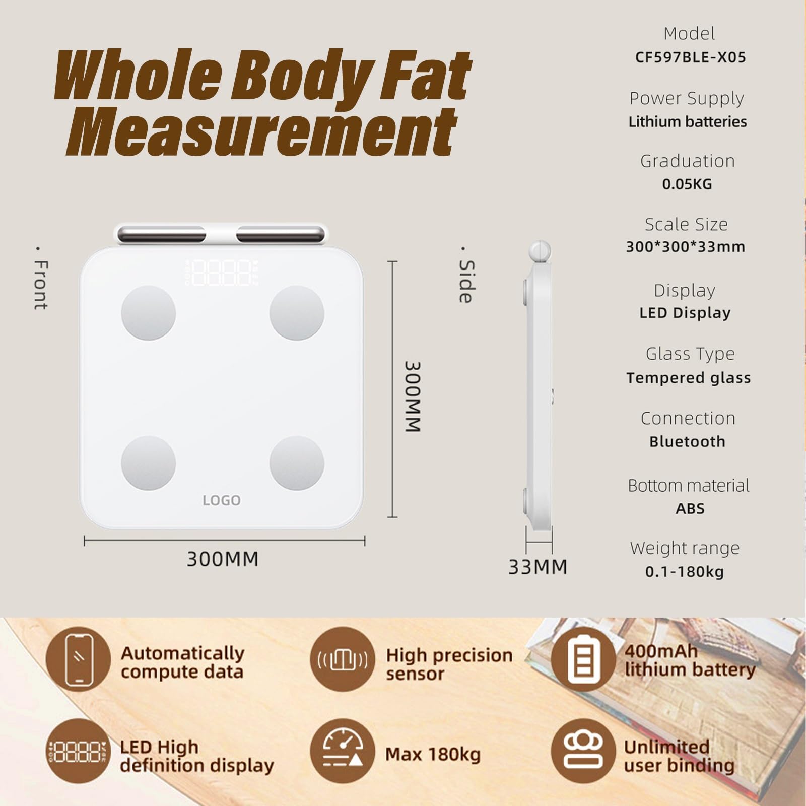 Bilancia Impedenziometrica Corpo Con 8 Elettrodi, Analisi 56 Metriche Di Salute, Monitor Composizione Corporea, Display LED, Multiutente Famiglia