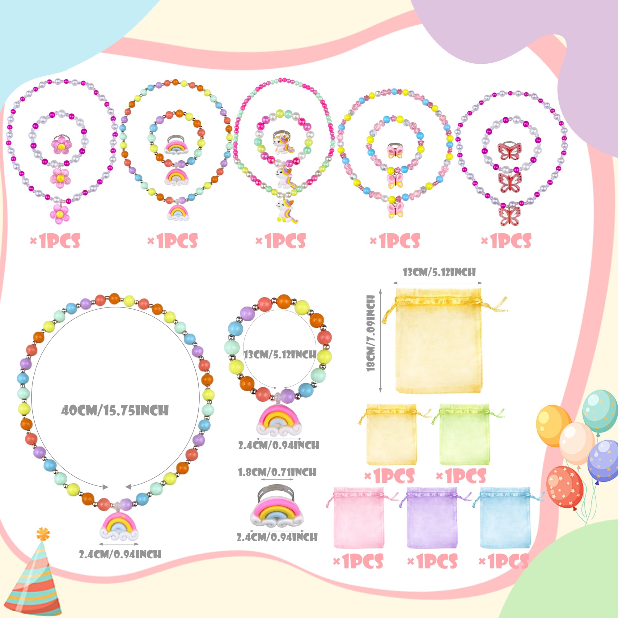 XIPEGPA 5 Sets Girl Princess Necklace Bracelet Ring Kids Stretchy Jewelry Gift Butterfly Rainbow Flower Favors Dress up Jewelry for Little Girl Toddler(with Gift bags)
