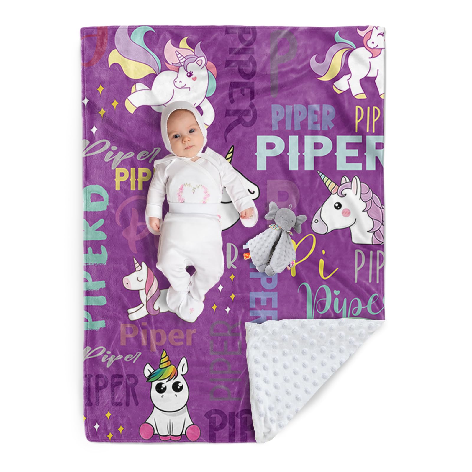 Custom Baby Blanket - Magical Horses Design with Multi-Fonts Name - Personalized Soft Plush Flannel Blankets with Double Layer Dotted Backing for Infants Kids Boys Girls Gifts Purple