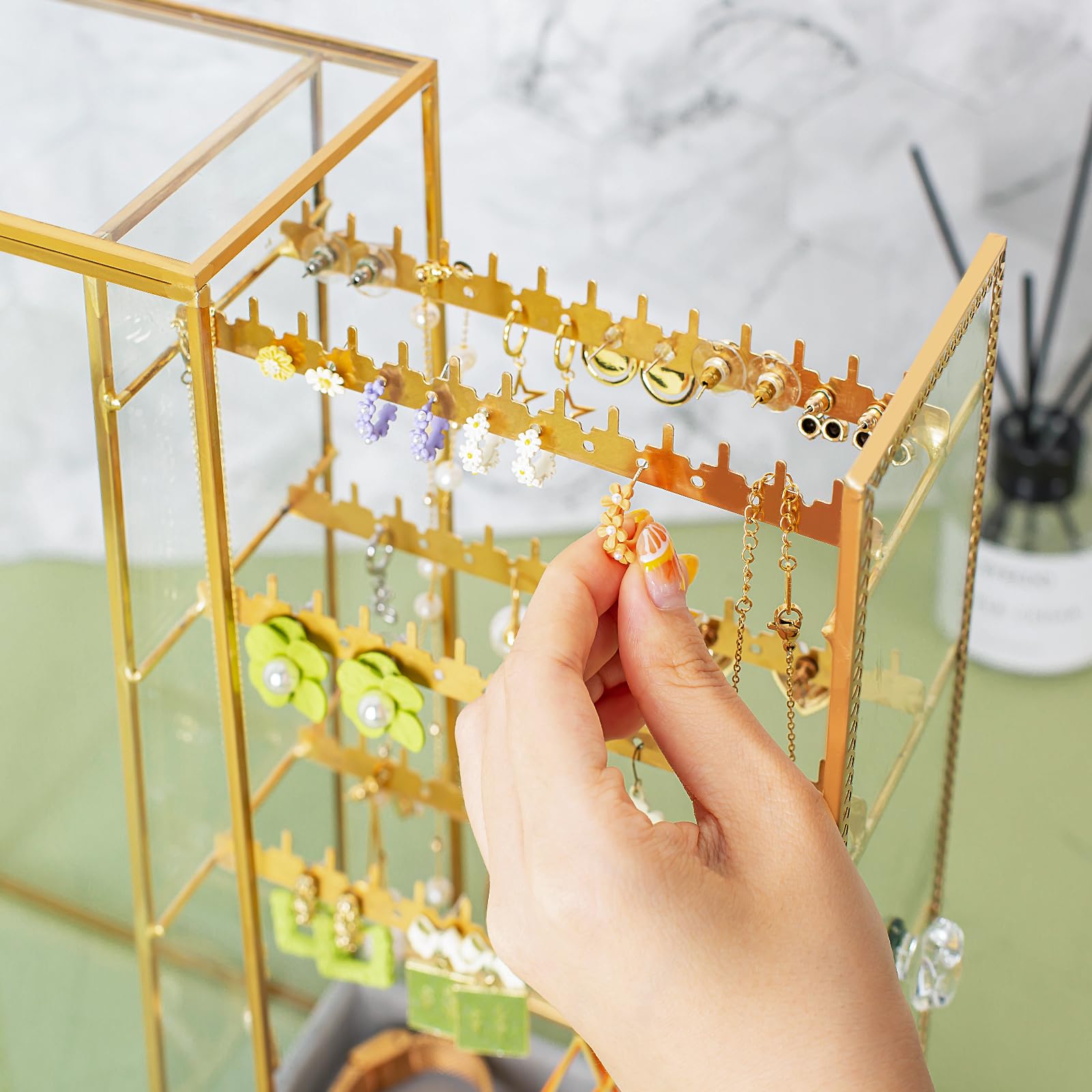 Ohrringhalter aus Glas, Schmuck-Organizer, Ohrringhalter mit Haken zum Aufhängen, Glas-Ohrring-Präsentationsbox für Halsketten, Ringe