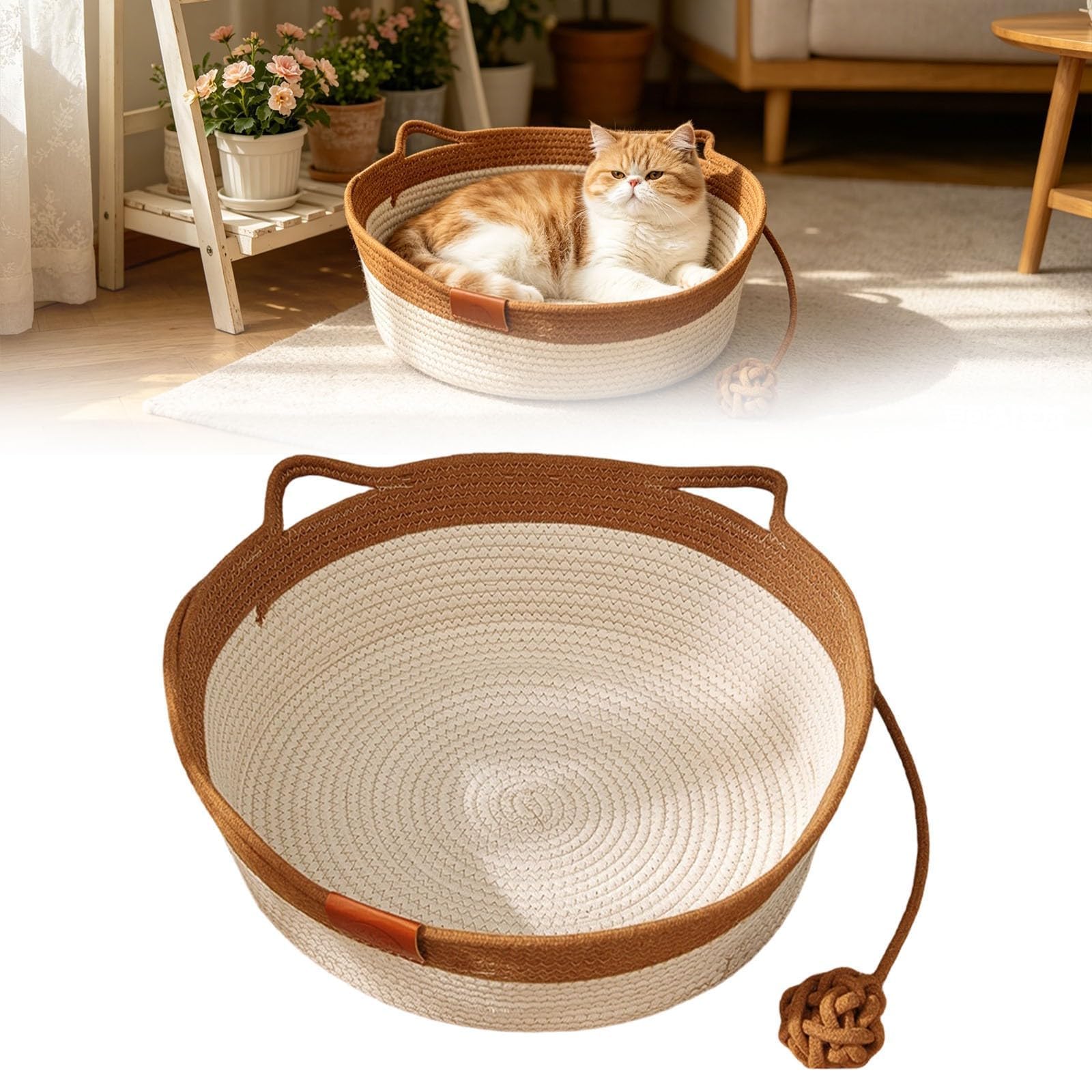 Cotton Woven Cat Bed with Toy Tail 2026 New Instinct Basket Claw-Proof Woven Cotton Rope Cats Cave Washable Woven Sleeping Nest Scratcher Beds for Kitten Puppy All Season (Khaki,S)