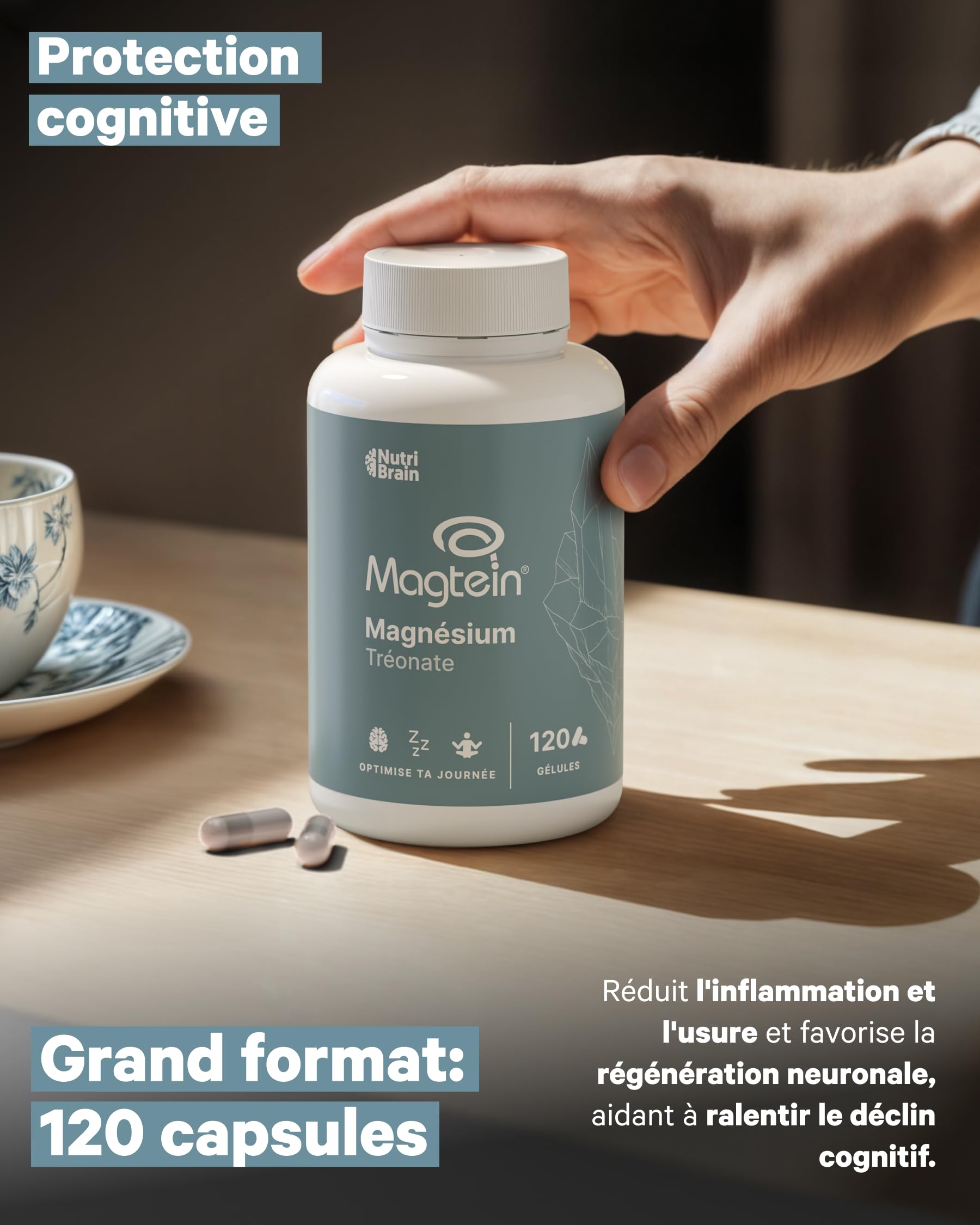 Magnésium L-Thréonate | Haute dose 2000 mg de Magtein® pur | Absorption optimale | 120 Gélules | Mémoire, Concentration, Sommeil profond