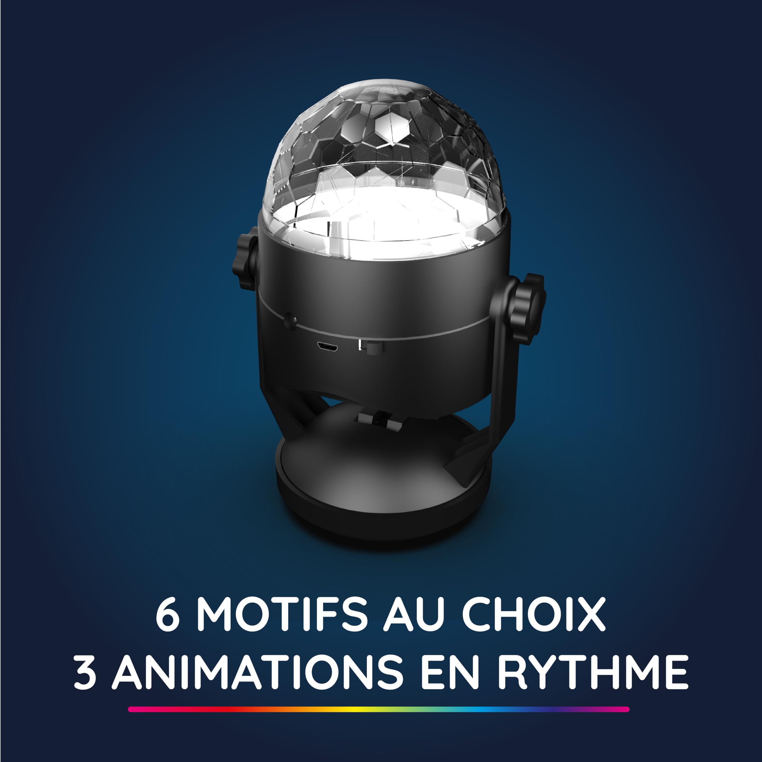 R-MUSIC – DISCO BALL – Boule Disco + Télécommande – Rotation 180° – Lumière de scène, 6 motifs animés au rythme du son – Effet de lumière LED RGB – Accrochage par ventouse – Pour Fête, DJ, Bar, Club