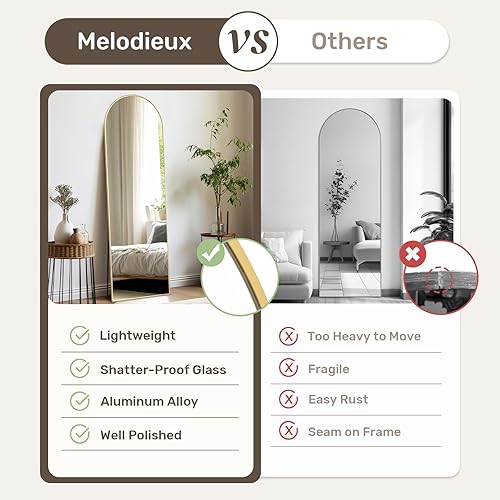 Miniatura 9 de Melodieux Espejo arqueado de longitud completa con soporte, 64 x 21 pulgadas, espejo de cuerpo completo, marco de aluminio dorado, espejo de