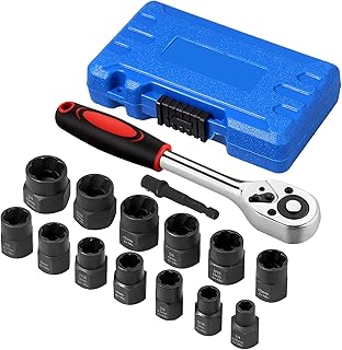 VORXEON 13Pcs 3/8" Bolt Extractor Socket Set with Ratchet Wrench and Connecting Rod, Stripped Rounded Bolt Extractor Kit Impact Nut Remover Set for Removing Damaged Frozen Rusted Bolts Nuts Screws