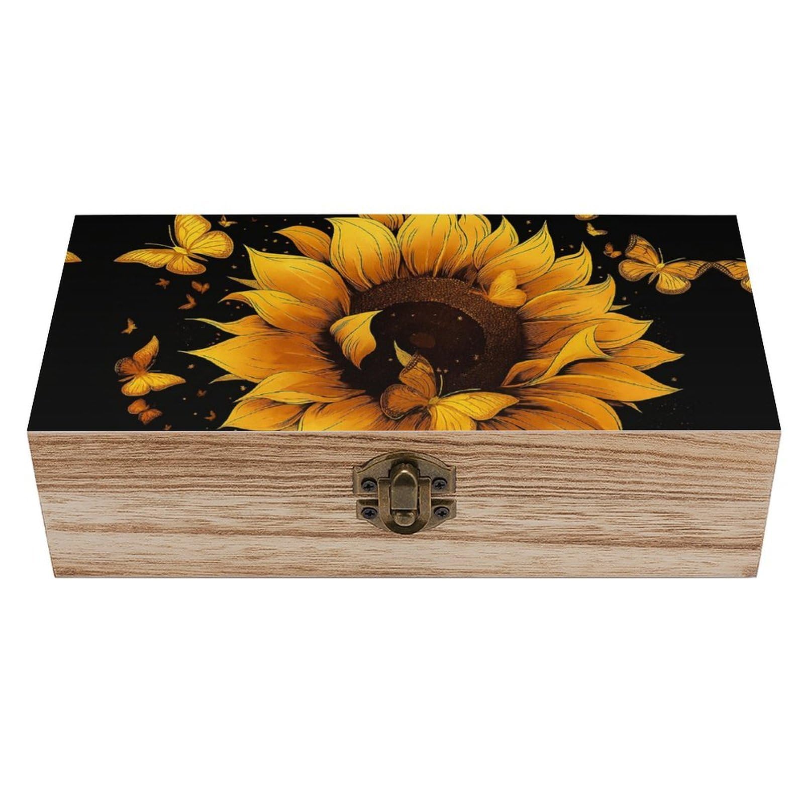 SMAZDFXX Sunflower And Golden Butterfly Wooden Storage Box Multipurpose Decorative Box for Jewelry Photo Home Decor