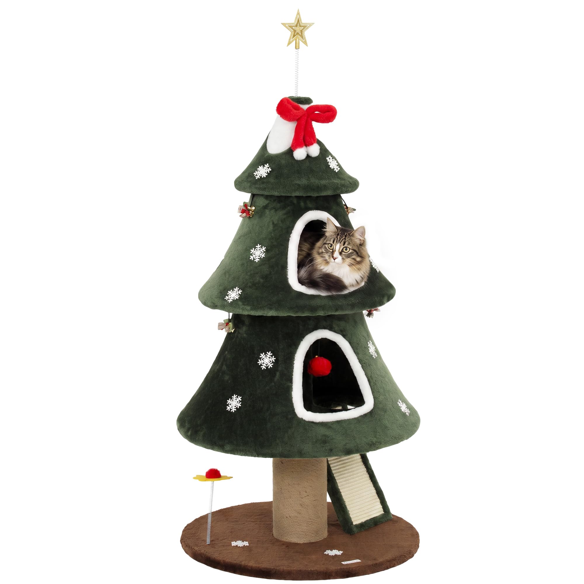 PawHut Albero Tiragraffi Natalizio per Gatti, 2 Cucce, Torre per Gatti con Scala in Sisal, Pali in Juta, Cinghia Antiribaltamento e Palline, 60 x 60 x 132 cm, Verde