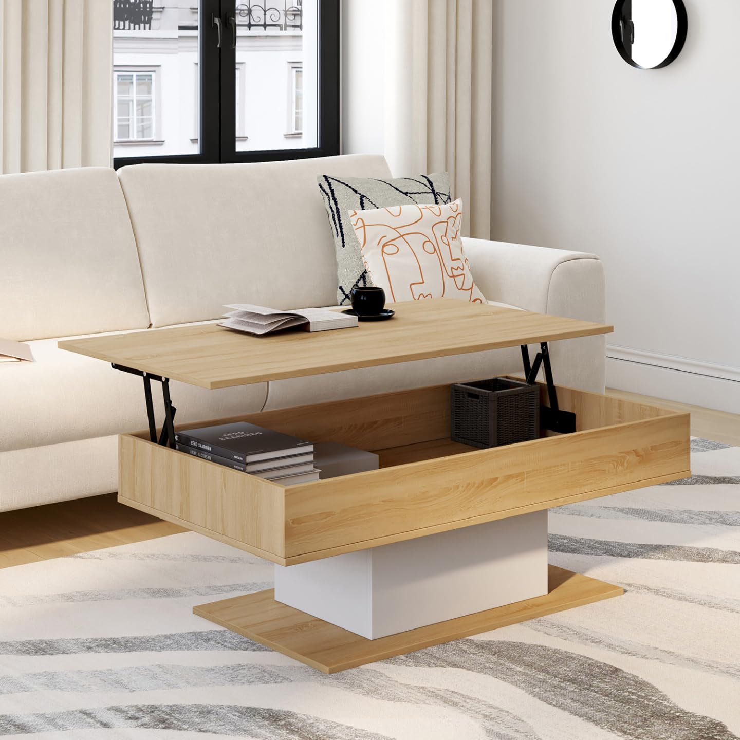 IDMarket - Mesa Baja con Bandeja Elevable Rectangular Eden Madera y Blanco
