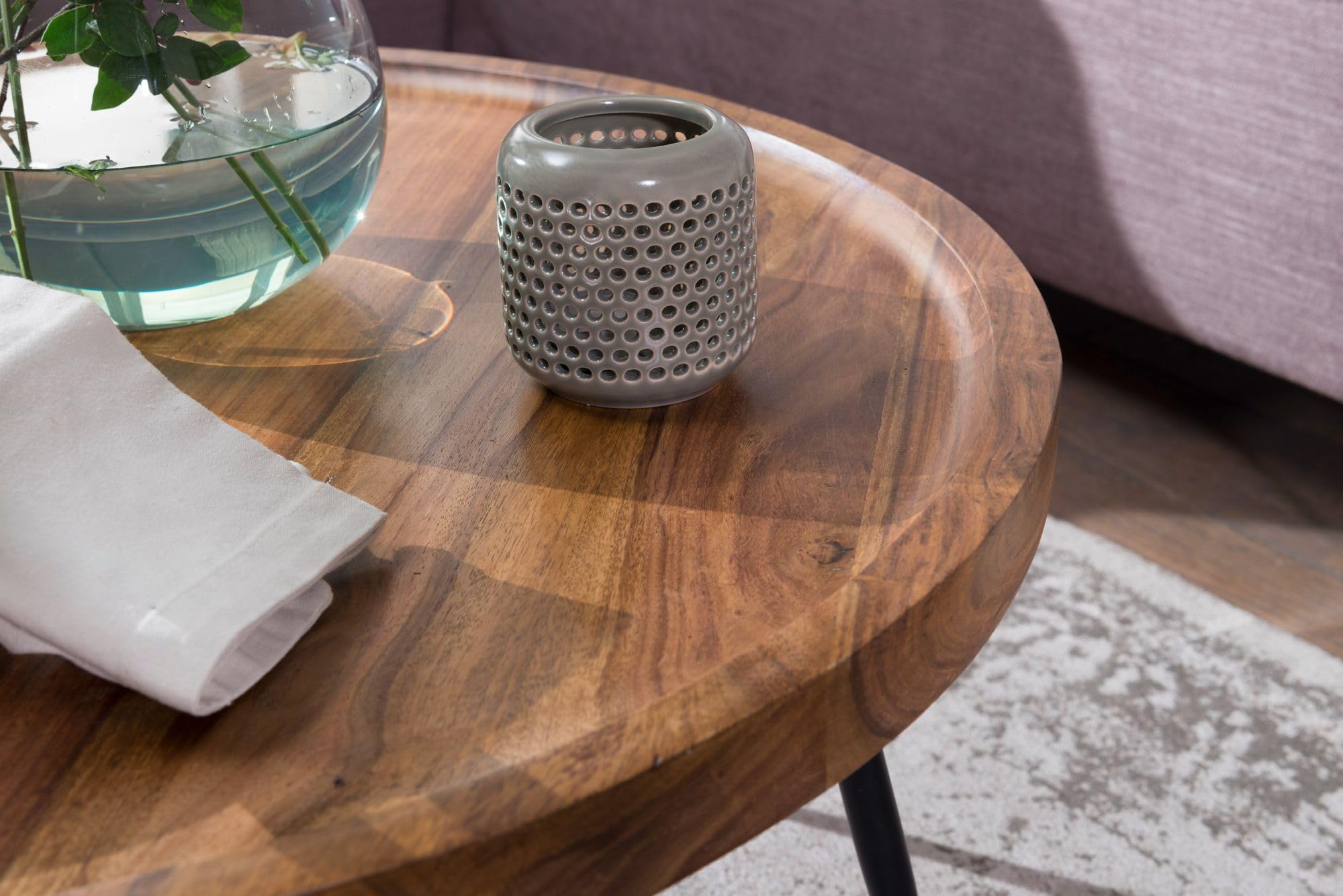 WOHNLING Tavolino Rotondo BHARU In Legno Sheesham E Metallo – 75x39x75 Cm, Stile Retrò, Marrone Naturale
