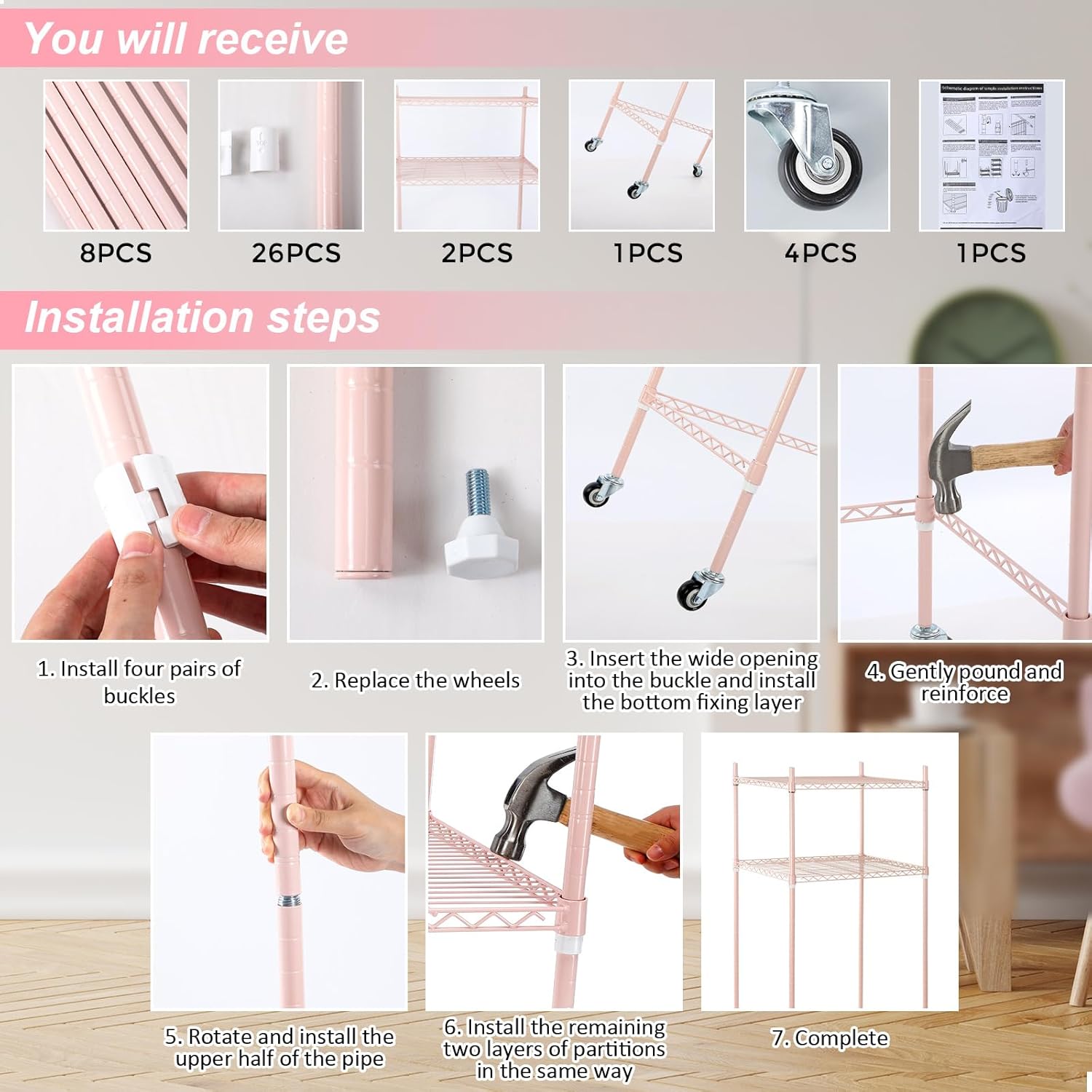 Tandefio 2 Tier Mini Fridge Stand with Storage for Dorm Microwave Stand Over Mini Fridge Storage Shelf with Wheels Adjustable Height Organizer for Kitchen College Rooms Pantry(Pink)