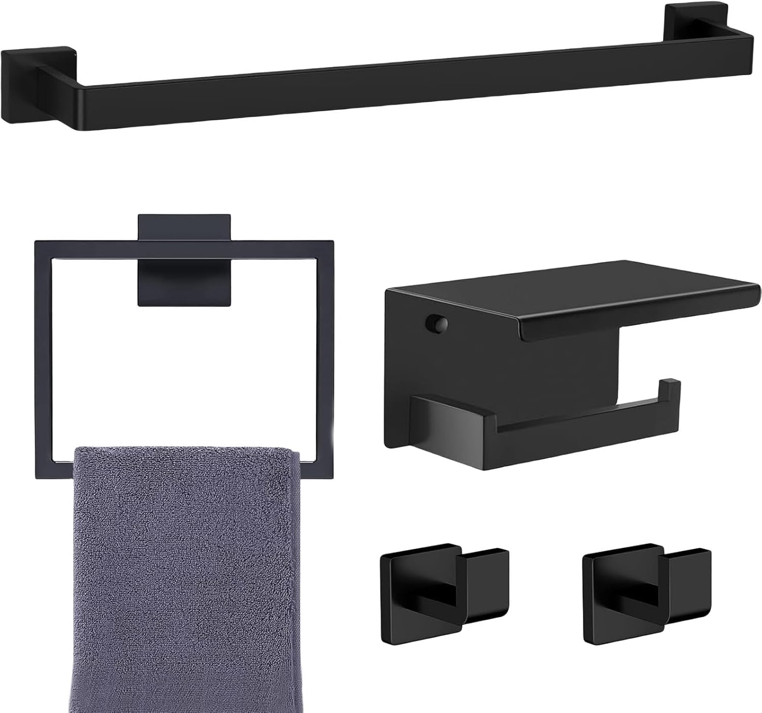 5-Pieces Matte Black SUS304 Stainless Steel Bathroom Hardware Accessories Set, 24 Inch Bath Towel Bar Set, Towel Racks for Bathroom Wall Mounted.