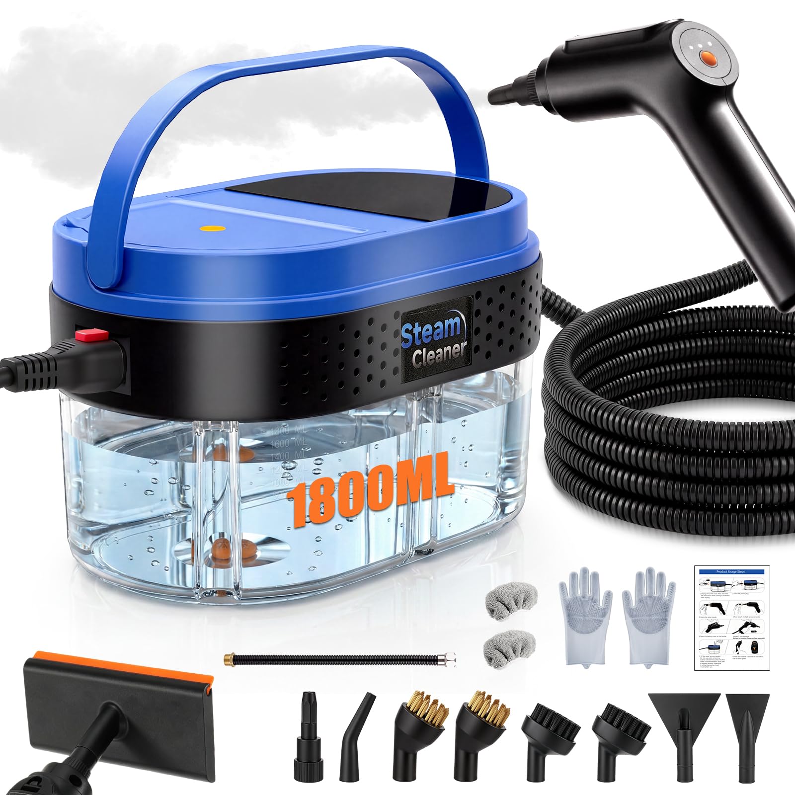 Photo 1 of 1800ML Portable Handheld Steam Cleaner, 2500W 3-Level Adjustable Handle,15s Fast Heating Steamer for Cleaning for Home,Car,Kitchen-Blue