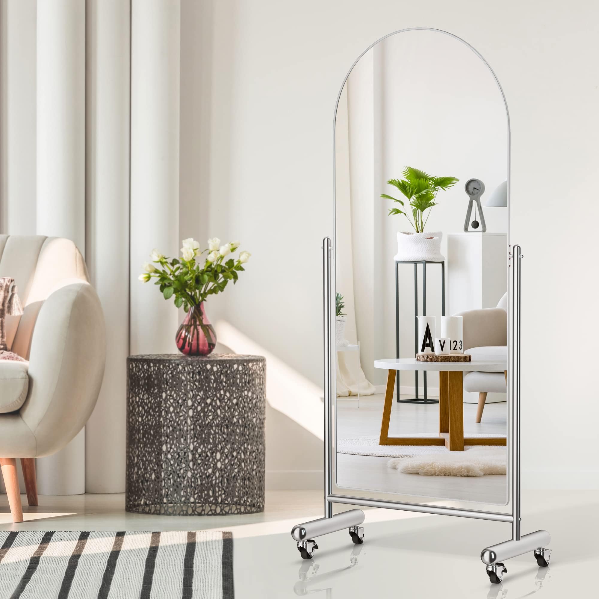Arched Mobile Full Length Floor Mirror on Rolling Wheels, 65" Lx23 W Large Modern Tilting Swivel Mirror with Stainless Steel Frame, Silver, Use for Dressing,Dancing,Fitness,Gym Exercise