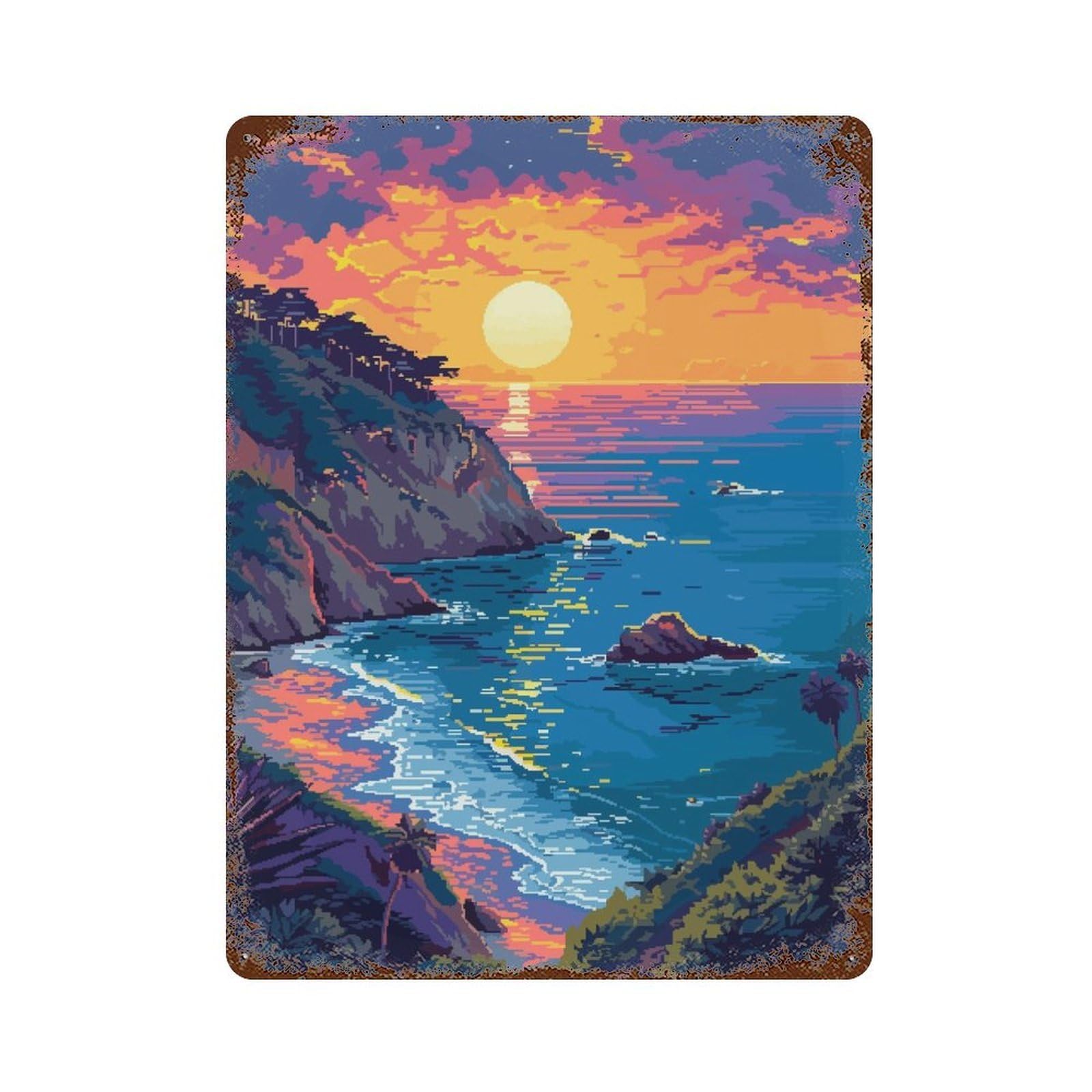 Garage Style Beach Sunset Pixel Art Rusty Metal Tin Sign 15.7"x11.8", Farmhouse Wall Decor for Bar And Workshop