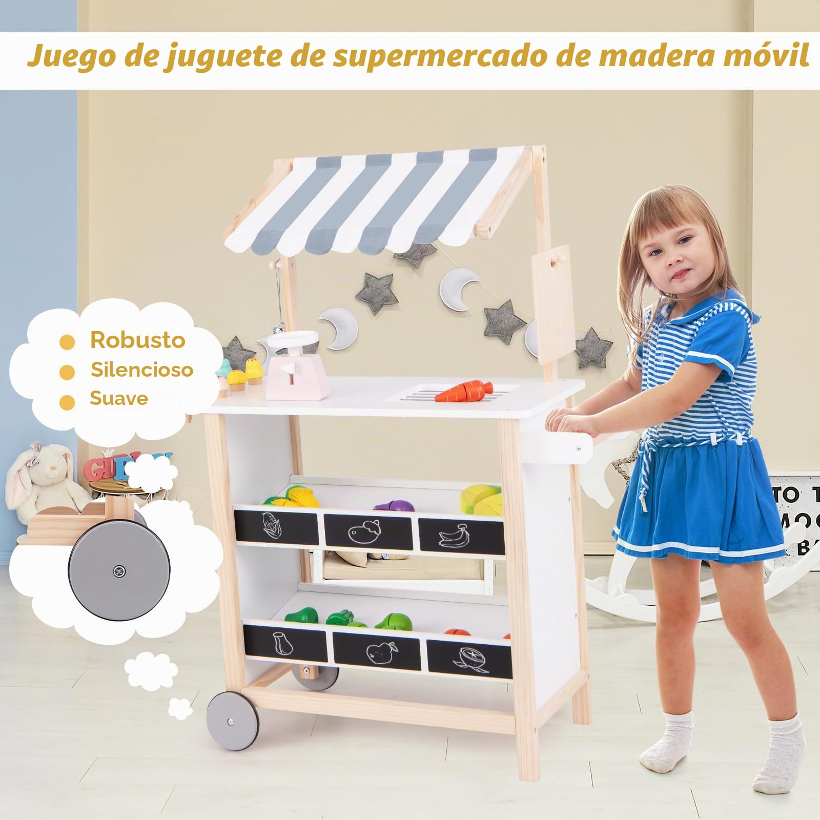 HOMASIS Carrito de Helados Infantil con Accesorios, Tienda de Madera con 2 estantes, heladería con Ruedas móviles y toldo, Juego de casita de muñecas para niños 3+ años, 79,5x29,5x100cm (Blanco)