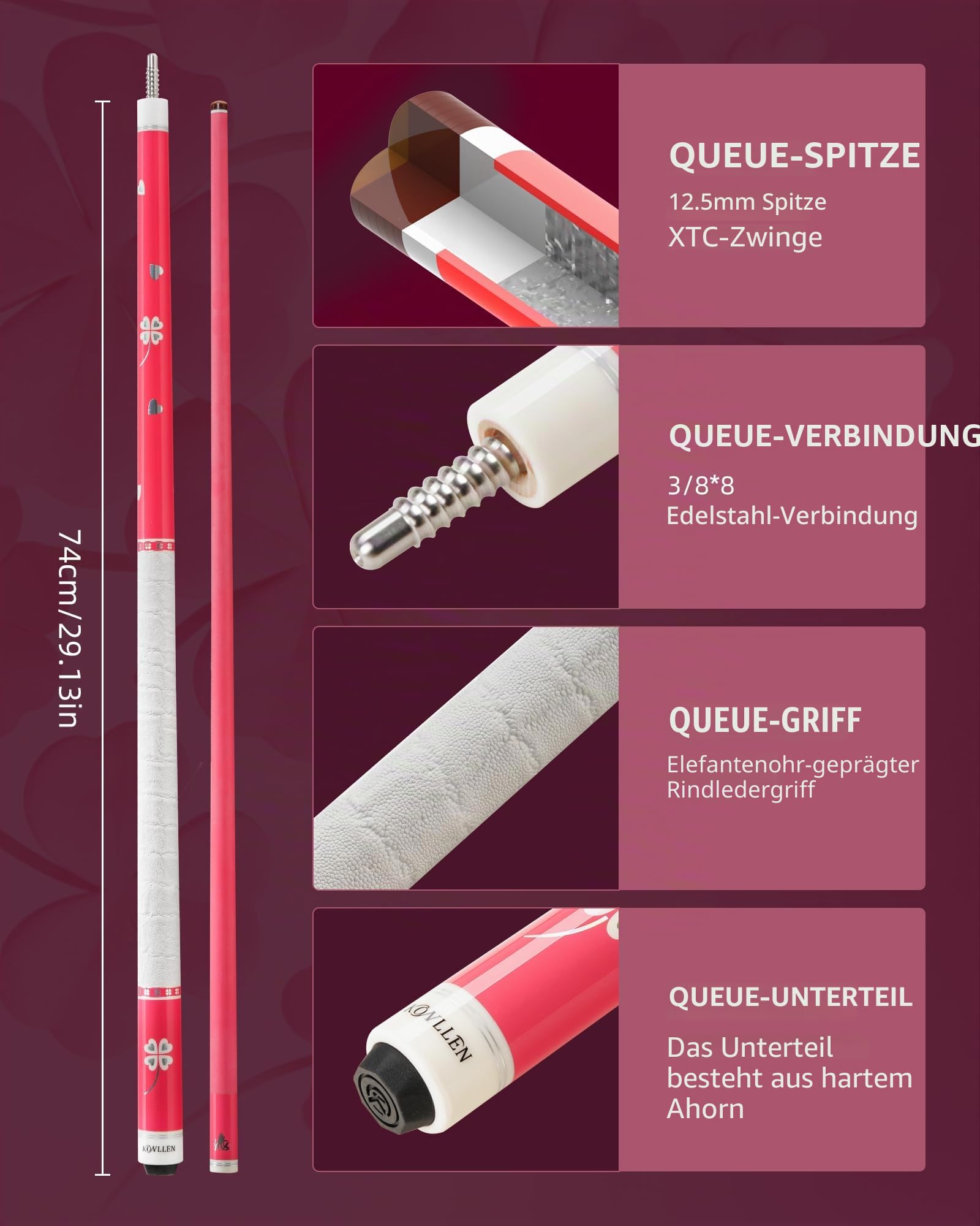 KONLLEN Karbonfaser-Pool-Queue, 147,3 cm, professionelle Poolsticks für Erwachsene, Vollcarbon-Technologie, niedrige Ablenkung, Billardqueue mit 12,5 mm Spitze
