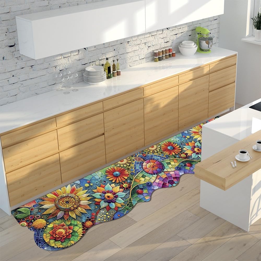 emmevi Tappeto Cucina Gomma Pvc Stampa HD Mosaico Floreale Girasole Antimacchia Lavabile 50x90 cm