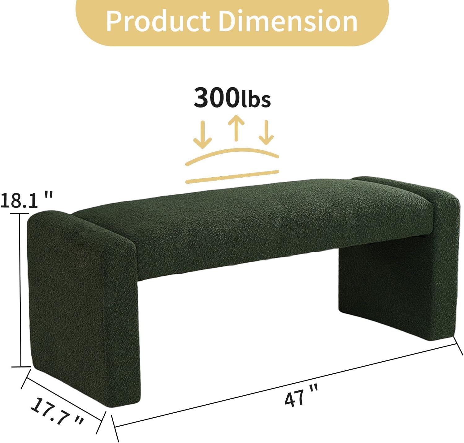 SIMTONAL 47" End of Bed Bench, Modern Fabric Upholstered Entryway Bench, Footrest Stool Accent Bench with Solid Wood Frame for Bedroom Living Room, Green
